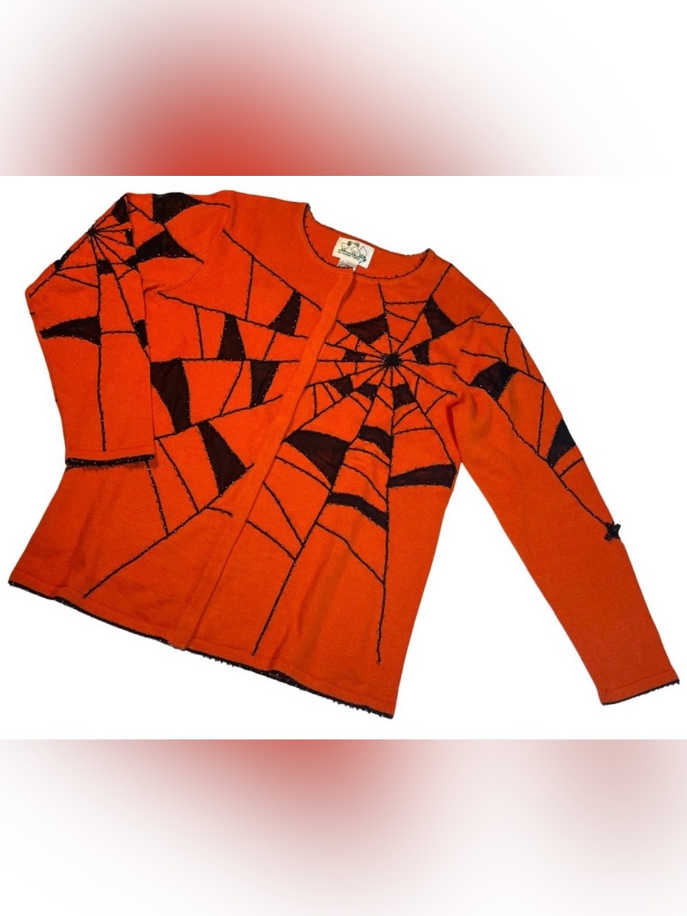 Vtg Quaker Factory XS Halloween Cardigan Beaded Spiderweb Black Orange Ramie